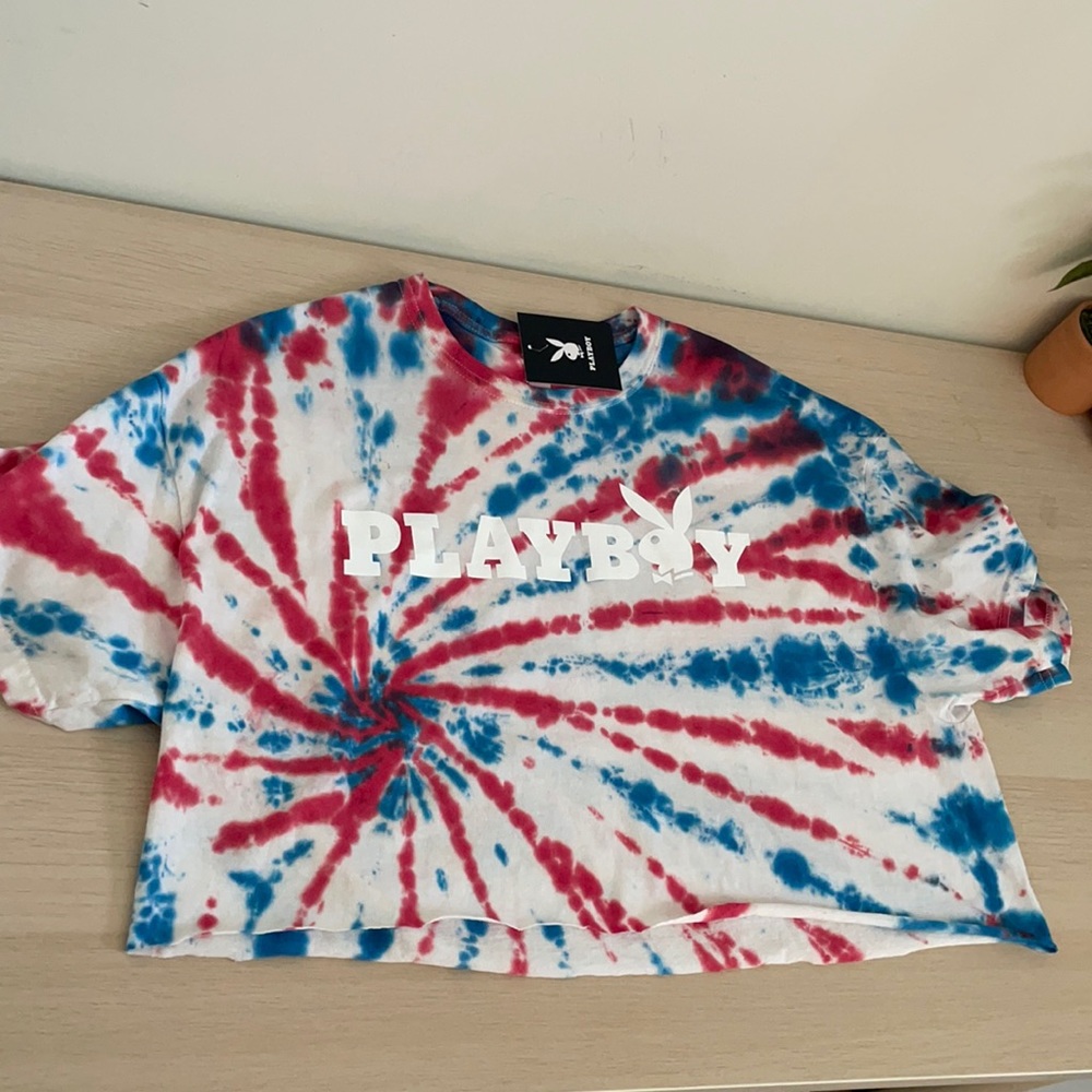 XL Red White and Blue Tie Dye Playboy CropTop